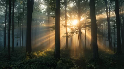 Zelfklevend Fotobehang An enchanting view of a misty forest at sunrise with rays of light piercing through the trees. © Gabriel