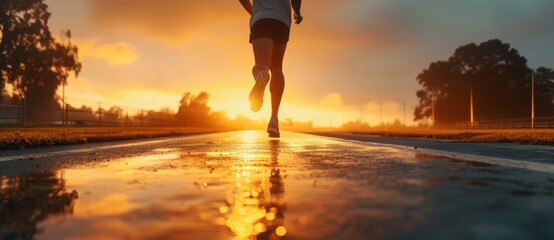 Athlete running on a track in sunlight banner. Athlete running on racetrack at stadium. Close up of athlete legs.