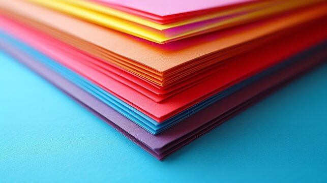 A stack of colorful papers are kept in a clean surface with a empty space, Generative AI.