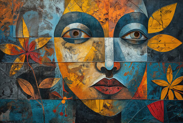 Abstract painting with oil pastels .Portrait of a woman.Painting in the interior. A modern poster. Generative AI