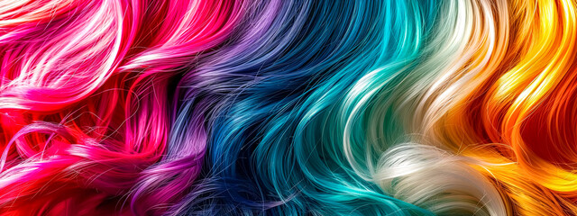 Vibrant Rainbow Colored Hair Flowing in Abstract Pattern - obrazy, fototapety, plakaty
