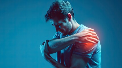 Digitally generated image of man suffering with shoulder inflammation. Digital image depicts the debilitating effects of shoulder inflammation.