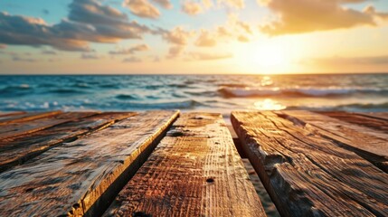 Naklejka na ściany i meble empty wooden table top with blur background of sea on sunrise, Advertisement, Print media, Illustration, Banner, for website, copy space, for word, template, presentation