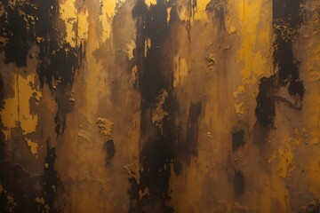 Closeup of abstract gold and black texture background. Visible oil, acrylic brushstroke, pallet knife paint on canvas. Contemporary art painting. - obrazy, fototapety, plakaty