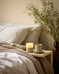 A table with a cup of coffee and a lit candle providing warmth and illumination in a cozy setting.