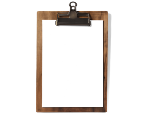 wooden clipboard with blank a4 paper mockup template isolated on white transparent background, png