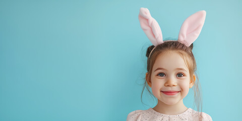 Obraz na płótnie Canvas Fun little girl with pink bunny ears on a coloured background smiling with space for your text, Easter holiday
