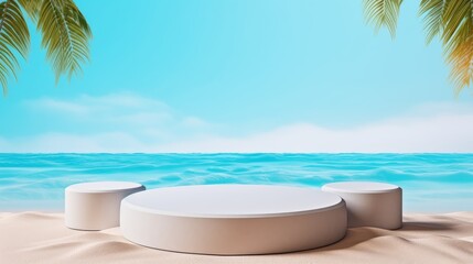 Fototapeta na wymiar Summer sand and tropical sea background with abstract pedestal scene