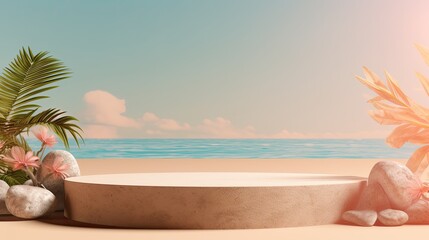 Summer sand and tropical sea background with abstract pedestal scene