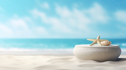 Obraz na płótnie Canvas Summer sand and tropical sea background with abstract pedestal scene