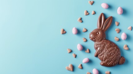 easter chocolate in the shape of a bunny on blue background - easter concept backdrop with copyspace