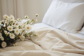Obraz na płótnie Canvas A photograph of a bouquet of daisies placed on a bed with clean white sheets.