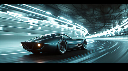 An iconic sports car driving through a tunnel lights reflecting off its sleek body.