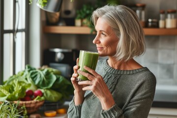 Healthy senior woman smiling while holding some green juice in her kitchen. Mature woman serving herself wholesome smoothie vegan food at home. Taking care of her aging body with a plant-based diet.