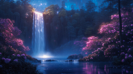 Moonlit Serenity: Cascading Waters and Blooms