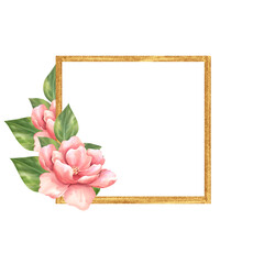 Gold square frame with flower. Floral design