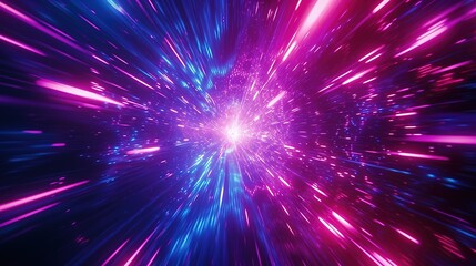 Vibrant abstract image depicting a hyperspace tunnel effect with dynamic blue and pink light streaks.