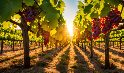 Naklejka premium Sunny vineyard with clusters of ripe grapes in focus