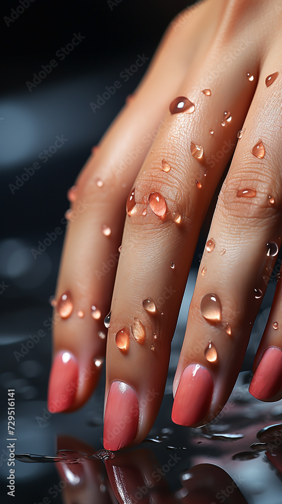 Wall mural wide manicure banner background image with beautiful fingers of a lady hand with polished pink color nails and smooth skin color with water drops 