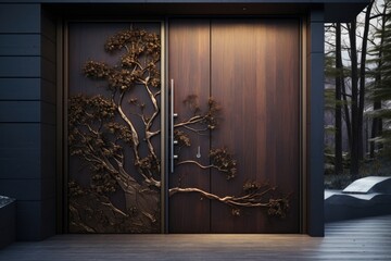 A wooden door featuring a realistic tree design, providing a natural and rustic touch to the entrance.