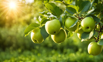 Green apple-laden tree focal point, lush garden