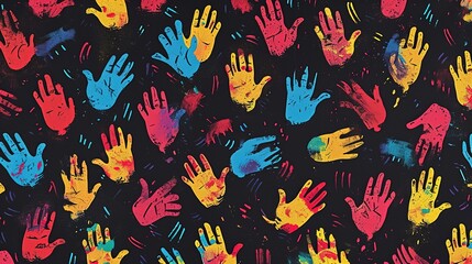 A myriad of colorful handprints strewn across a dark canvas, symbolizing a strong social bond and the beauty of diversity.