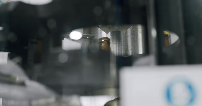 Bottles of brown beer in a factory moving along the conveyor belt. Beer bottles are filled with automatic beer. Modern technology in a factory. Factory, beer concept.
