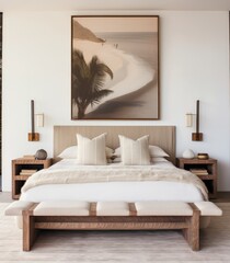 A bedroom with a generously-sized bed and a tasteful painting adorning the wall.