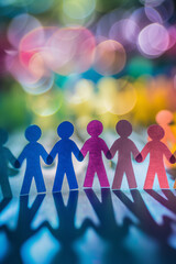Multicoloured paper people on a wooden background holding hands against a background of foliage, the concept of friendship of different races and nations