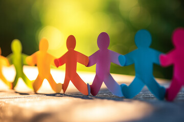 Multicoloured paper people on a wooden background holding hands against a background of foliage, the concept of friendship of different races and nations - obrazy, fototapety, plakaty