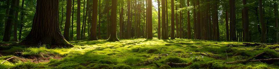 Obraz premium bamboo forest in the morning, sunset. pine. green relaxing. background, horizontal, landing page, banner