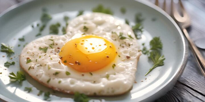 Fried egg on toast on a plate with herbs. The concept of breakfast and home cooking.