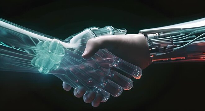 Robot hand and human hand touching each other. The concept of human-machine interaction.