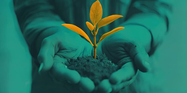 Human hands holding a young plant against a green background. The concept of sustainable development and care for nature.