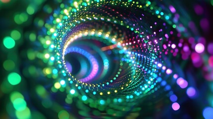 An enthralling spiral tunnel illuminated by a kaleidoscope of neon lights, creating a dynamic sense of motion and energy.