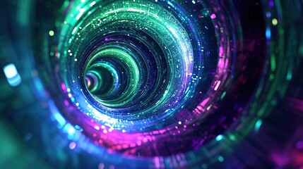 This image captures the essence of a high-energy, neon-lit tunnel vortex, a visual representation of motion and futuristic travel through a cybernetic space.