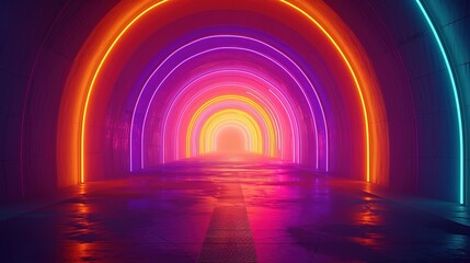 A futuristic tunnel illuminated with vibrant neon lights in a spectrum of colors creating an abstract background.