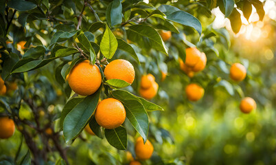 Abundant orange tree with ripe oranges in focus foreground, garden setting background