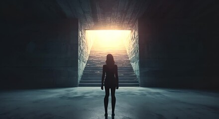 Female silhouette in an opening with light at the end of the tunnel. The concept of hope and the future.