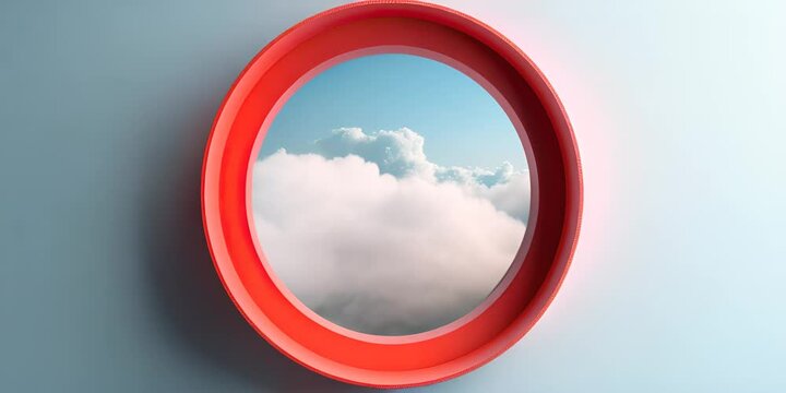 Round window with a view of clouds and sky. The concept of peace and harmony.