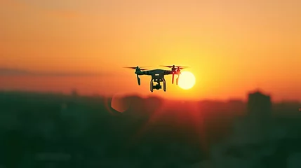 Fototapeten A drone with a mounted camera flies above an urban landscape during a stunning, warm sunset. © Sodapeaw