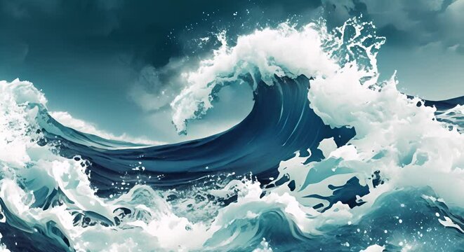 Powerful wave crashing with splashes and foam. The concept of the force of nature and oceanic energy.