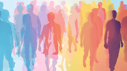 Abstract pastel-colored silhouettes of people walking in different directions, representing motion and diversity in a dreamy atmosphere.