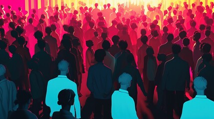 Silhouettes of a diverse crowd illuminated by neon lights at a lively nighttime social event, depicting urban life and community. - obrazy, fototapety, plakaty
