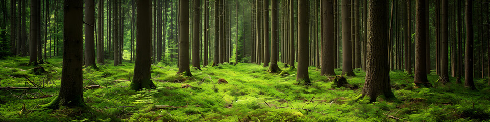 bamboo forest in the morning, sunset. pine. green relaxing. background, horizontal, landing page,...