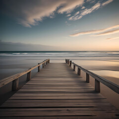 Fototapeta premium Blank Wooden Planks Framed by a Dreamy Blur of Beach and Sea - A Captivating Canvas of Tranquility.