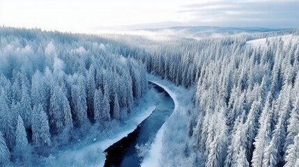 Melting icy river on a beautiful sunny day. Snowy winter landscape of a forest with a cold clear water river. Global Warming and melting ice concept. Ai Generated a snowy winter landscape.