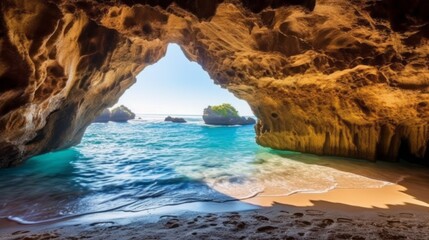 Beautiful passage through rocks in the ocean coast. Cave in tall rocky shore. Sea cave on the coast of a beautiful sea on a bright summer day. Famous tourist destination.