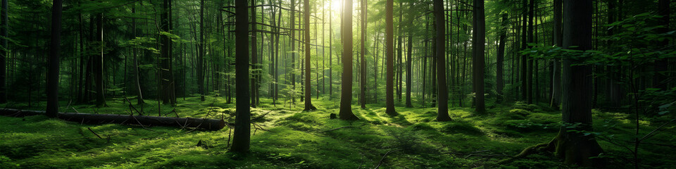 bamboo forest in the morning, sunset. pine. green relaxing. background, horizontal, landing page,...