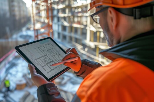 a professional construction engineer focused on analyzing architectural blueprints on a digital tablet at construction site. 